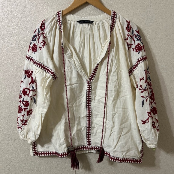 Zara Tops - Zara Peasant Floral Embroidered Blouse in White - Size Large